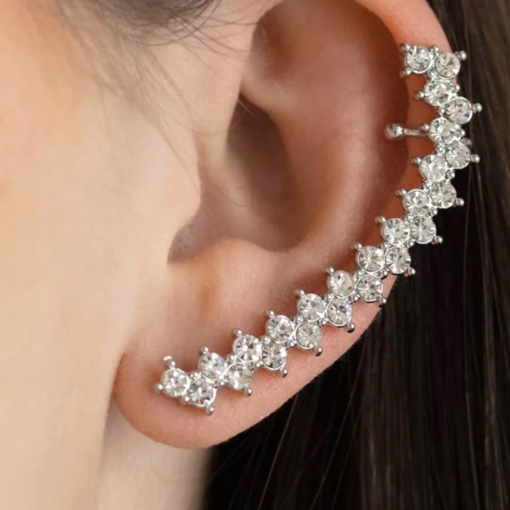 NWT Silver Plated Crystal Cubic Zoconia Ear Climber Cuff & Nose Ring Set